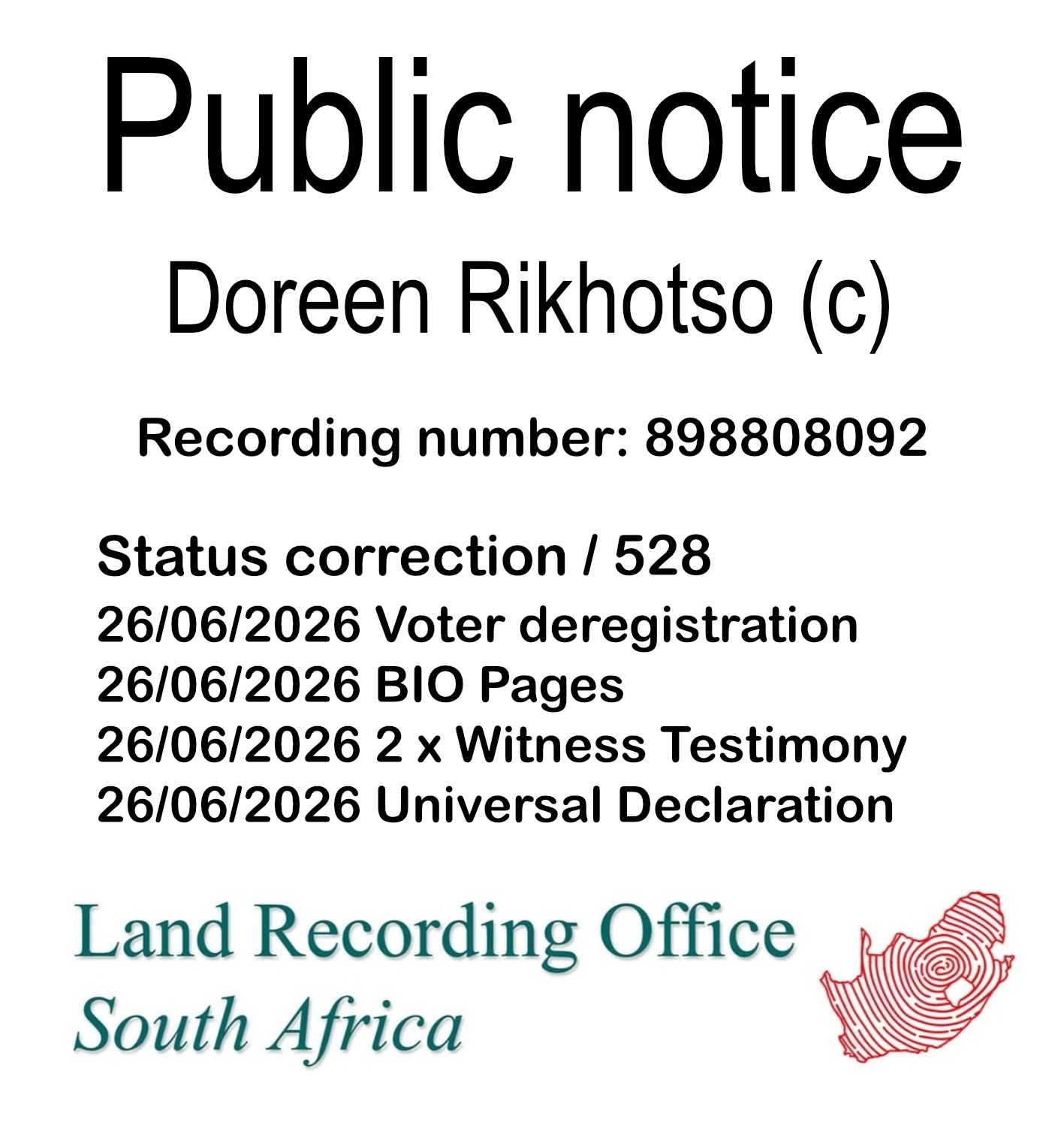 Public notice Doreen Rikhotso (c) Recording number 898808092